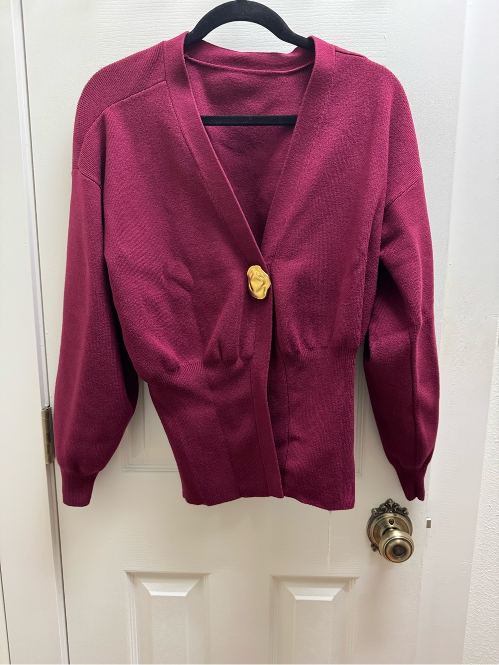 Commense Deep Berry V-Neck Cardigan with Decorative Gold Button